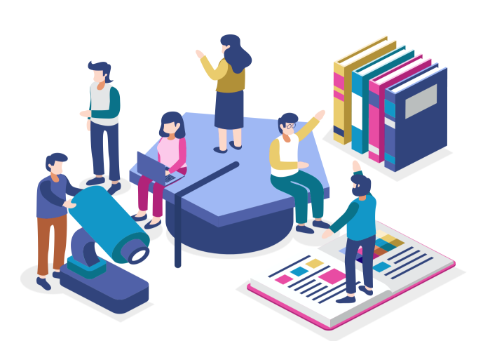 Colourful illustration of small people reading giant books