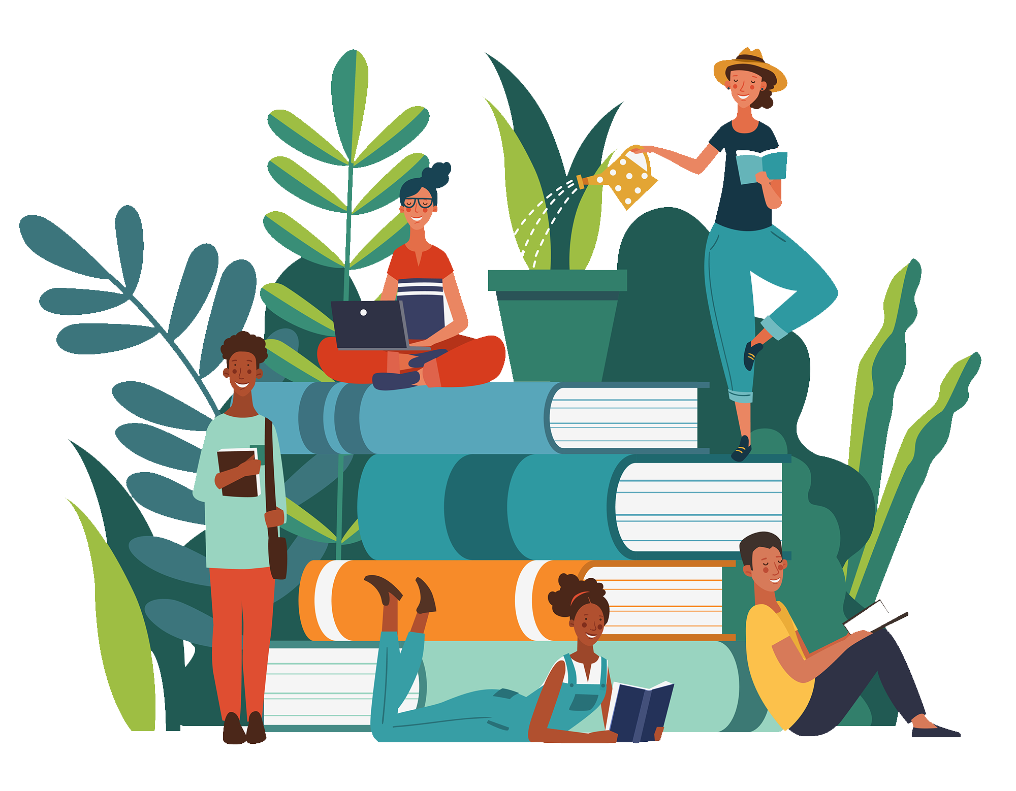 Illustration of people sitting on giant books